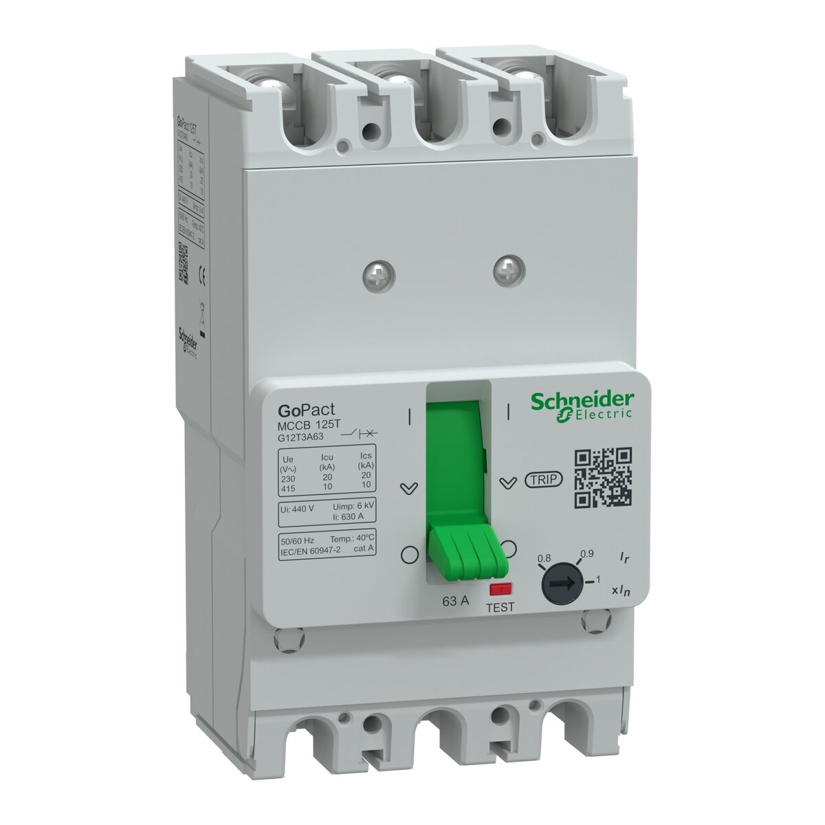 Schneider G12T3A63 | Circuit breaker, GoPact MCCB 125, 3 poles, 10kA at 415VAC, 63A rating, TMD trip unit, adjustable thermal protection