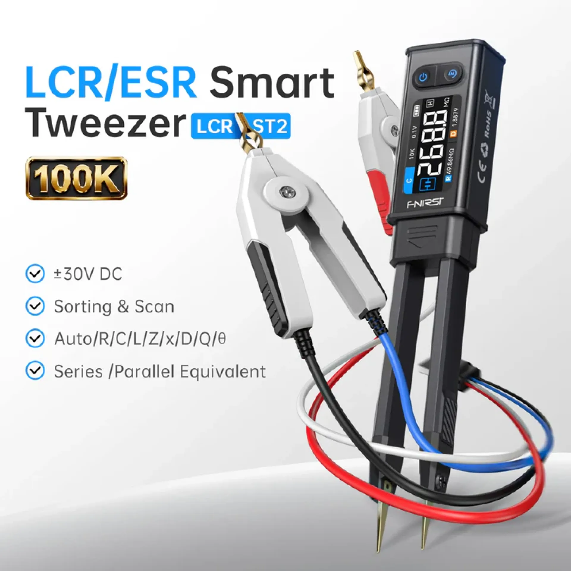 FNIRSI® LCR-ST2 Plus 100K LCR ESR Meter 2-In-1 Digital Tweezers Bridge
